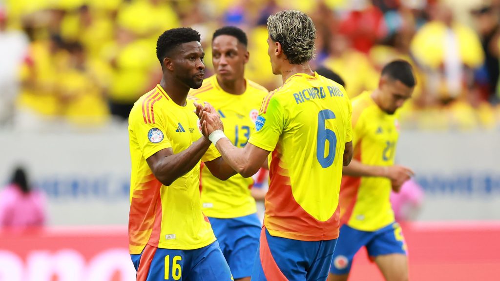 El festejo de los jugadores colombianos durante la Copa América.